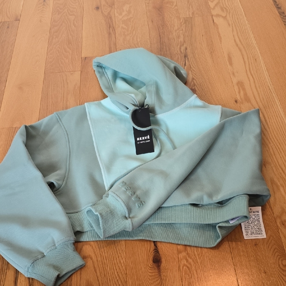 Womens NEW Herve Blue Velvet Cropped Hoodie Sweatshirt